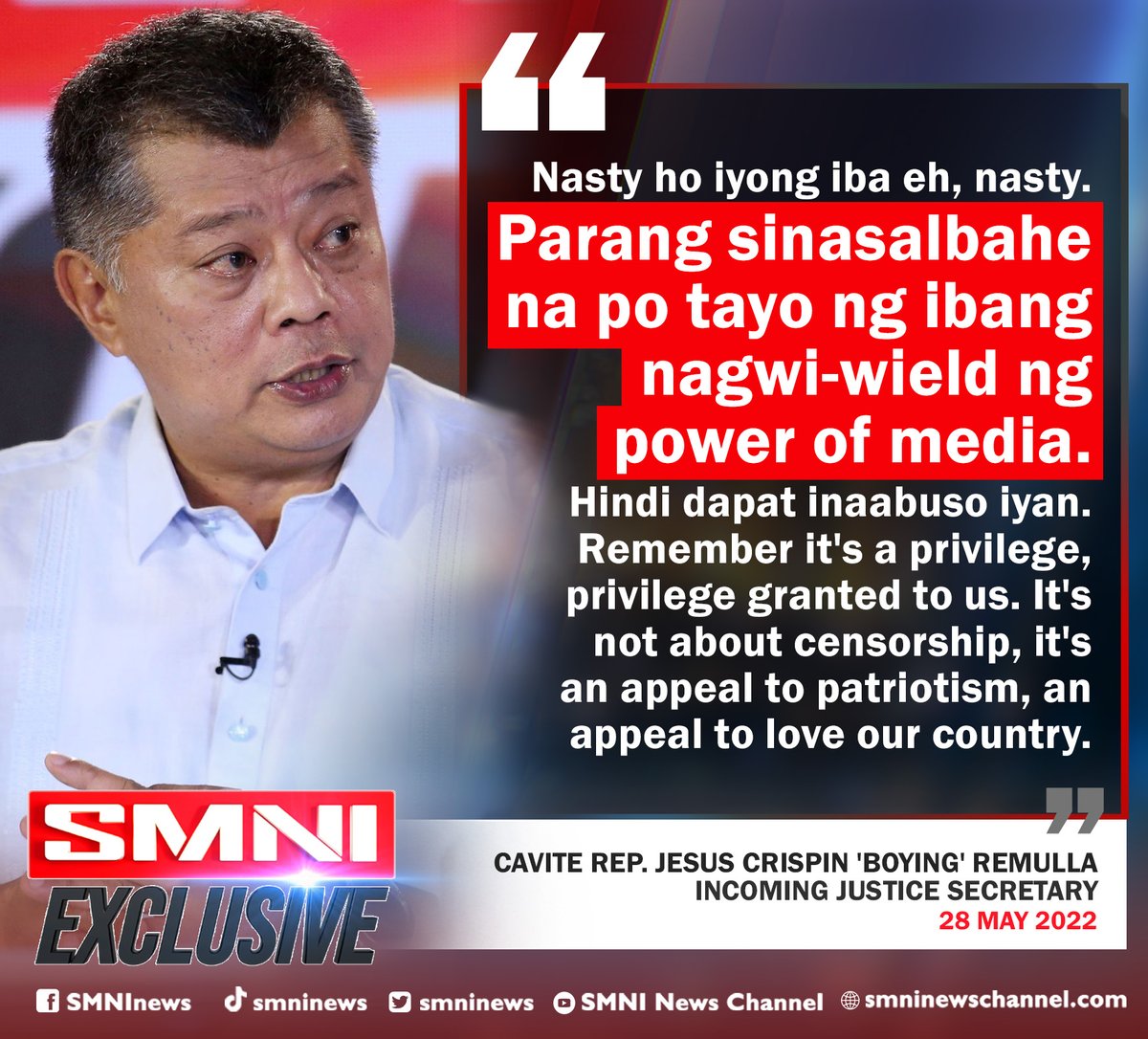 smninews's tweet photo. Muling umapela si incoming Justice Sec. @BoyingRemulla31 sa media, na tulungan ang publiko na mahalin ang bansang Pilipinas https://t.co/9OBt3sohcd