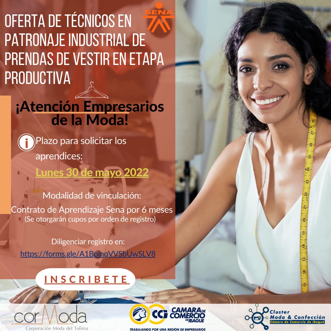 CORMODA TOLIMA (@cormoda1) on Twitter photo 📣La mesa técnica de confección industrial conformada por el <a href="/senatolima/">Sena Tolima</a>, el Clúster moda @camaracomercioibague y Cormoda, los invita a inscribirse en la oferta de "TÉCNICOS EN PATRONAJE DE PRENDAS DE VESTIR EN ETAPA PRACTICA"👗
Enlace👉:forms.gle/zaBEmLGZZoVgNC…
#moda #oferta 📣La mesa técnica de confección industrial conformada por el <a href="/senatolima/">Sena Tolima</a>, el Clúster moda @camaracomercioibague y Cormoda, los invita a inscribirse en la oferta de "TÉCNICOS EN PATRONAJE DE PRENDAS DE VESTIR EN ETAPA PRACTICA"👗
Enlace👉:forms.gle/zaBEmLGZZoVgNC…
#moda #oferta