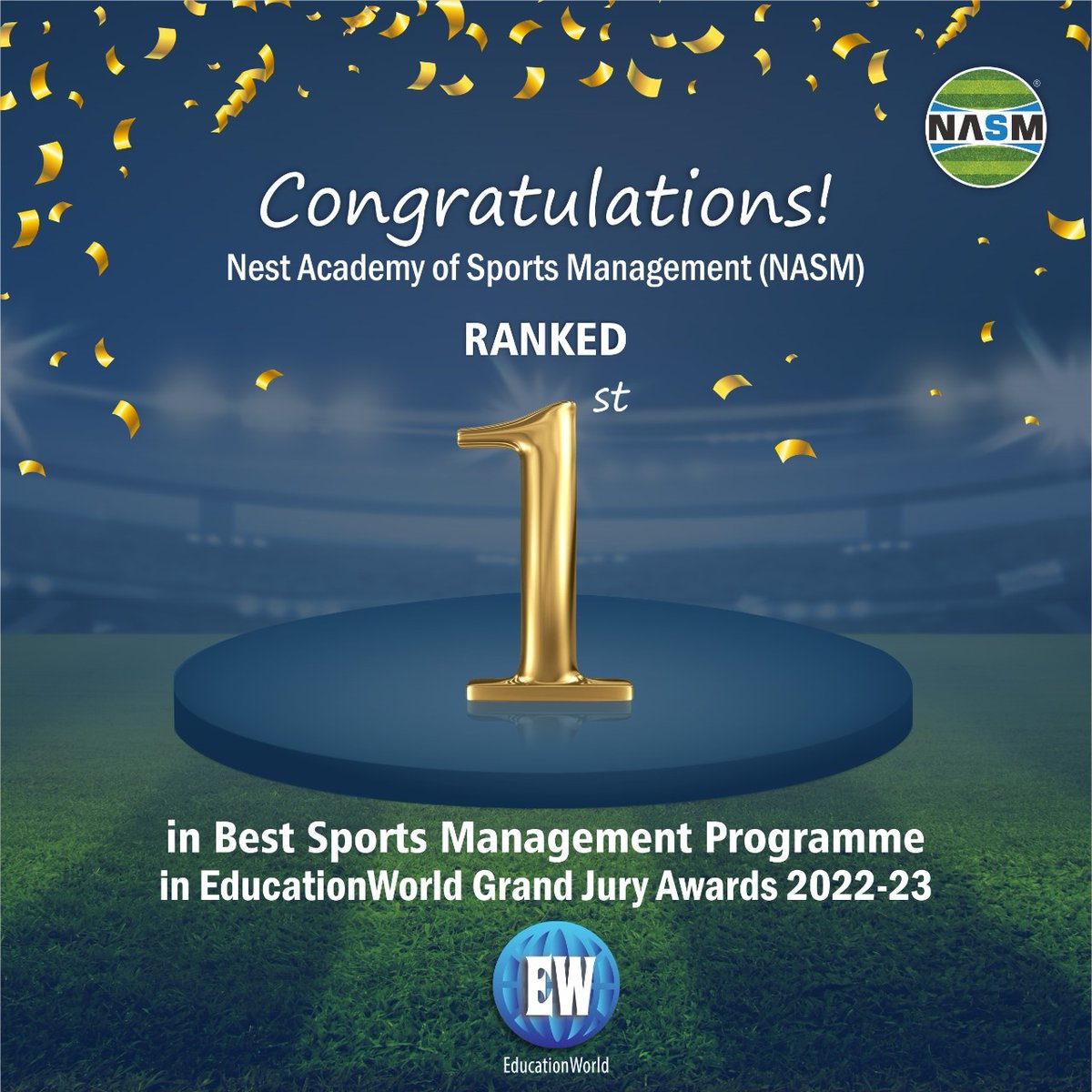 Nasm_Institute's tweet photo. NASM ranked 1st for Sports Management Programmes in India.
The award was received at India Higher Education Grand Jury Rankings 2022-23 Awards by EducationWorld at Gurugram on 28th May by eminent academicians.

#nasm #sportsmanagement #sports #NASMinstitution #nasmites #nasmlife https://t.co/oab47euSJG