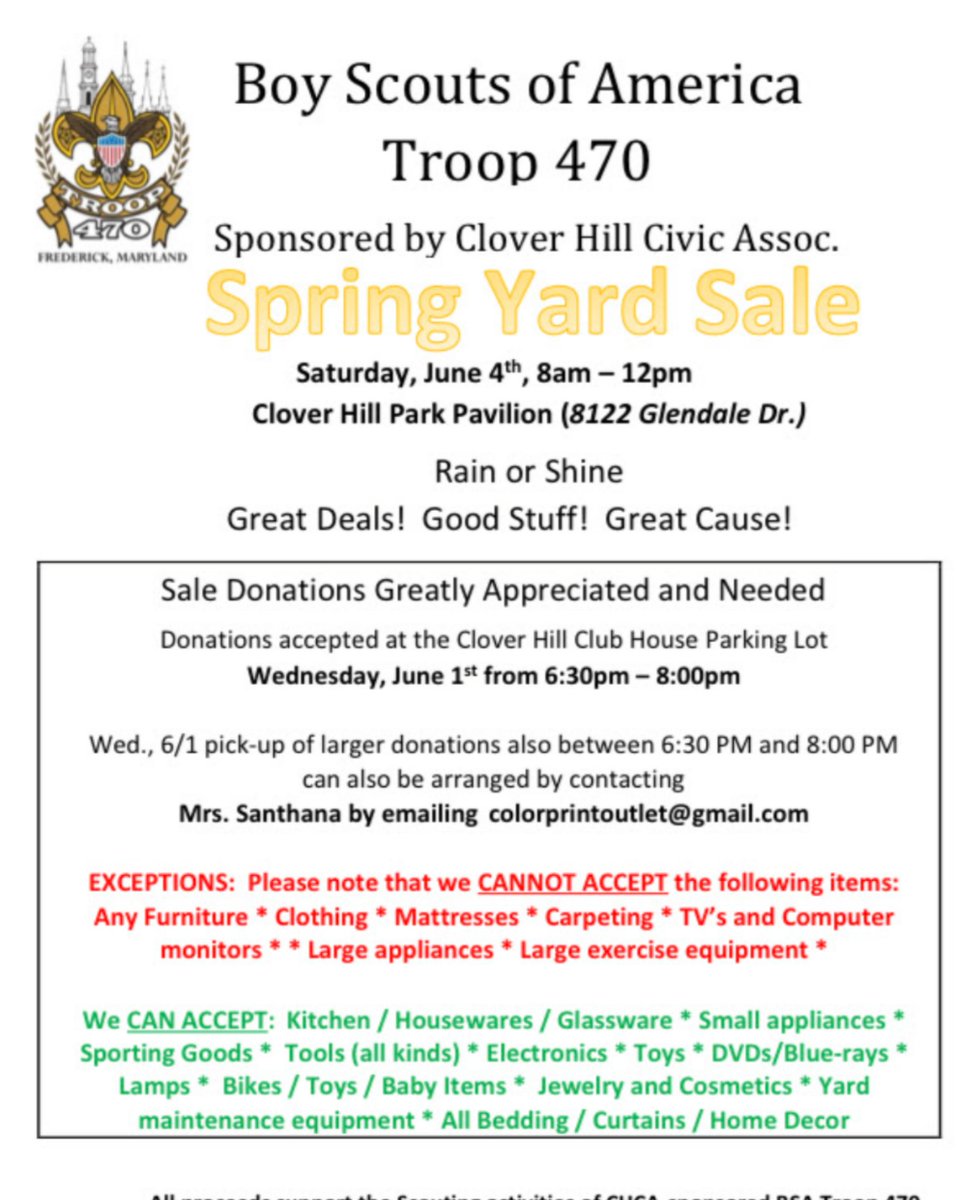 Troop470's tweet photo. Great deals! Good stuff! Great cause! Troop 470 yard sale is next Sat., 6/4 from 8am to noon at the Clover Hill Community pavilion, 8122 Glendale Dr., Frederick, MD 21702 8122 Glendale Dr
https://t.co/oG1cAxu6Cw @KelliPaugh @jlevine01 @aisanogle https://t.co/gI4lIogMcN