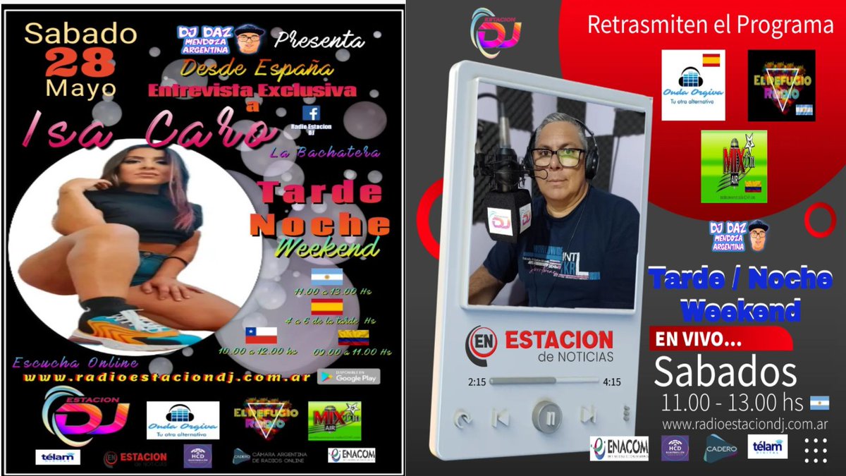 ✅ BUENOS DIAS AMIGOS HOY CONECTATE A LA RADIO 📻 QUE ESTAMOS EN VIVO 🔴 un A PARTIR DE LAS 11.00 A 13.00 HS ⏰ EN 🔗👉 radioestaciondj.com.ar CON EL PROGRAMA *TARDE NOCHE WEEKEND* QUE CONDECE *DJ DAZ* Y RECORDA QUE NOS RETRASMITEN EN ESPAÑA 🇪🇸 🇨🇴🇦🇷