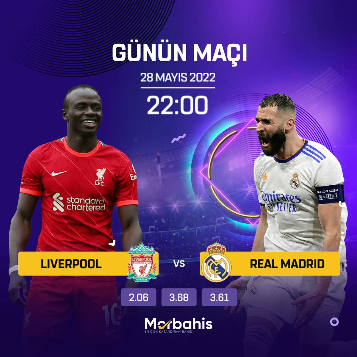 morbahis's tweet photo. 📢 #UCLfinal yüksek oranlarla @morbahis'te kazandırmaya devam ediyor!

⚽️ LIVERPOOL 🆚 REAL MADRID ⚽️

⏲ 22:00

📍 Stade de France

👾 Çevrimsiz %50 Spor FreeBet

💵 #MorOranlarSendenYana -  https://t.co/NvxHHsoY4k https://t.co/MnM0iCaXIH