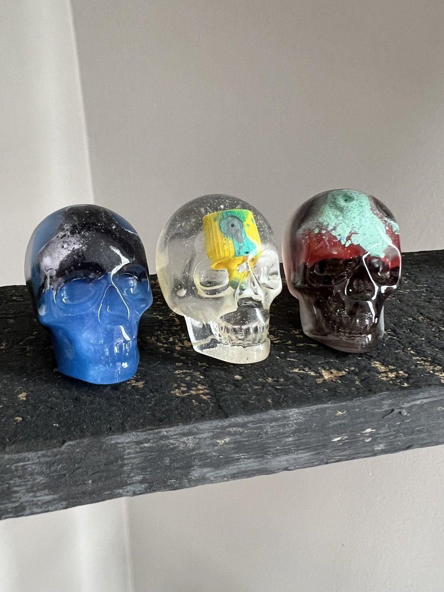 eddiegangland's tweet photo. I purchased these 3 handmade resin skulls with used paint caps by the Miami street artist @remoteroc and they’ve become an instant banger in my collection! I love these so much such a great idea 💀💥 https://t.co/nVKkkFHNpj