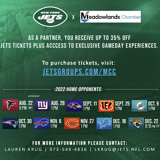 MR_Chamber's tweet photo. We are happy to announce our partnership between Meadowlands Chamber and New York Jets. You can receive up to 35% off Jets tickets and exclusive game-day experiences! Get your tickets at https://t.co/UuBZZziAgu. Email lkrug@jets.nfl.com with questions.
#MeadowlandsChamber #MLCVB https://t.co/904GLPhQkQ