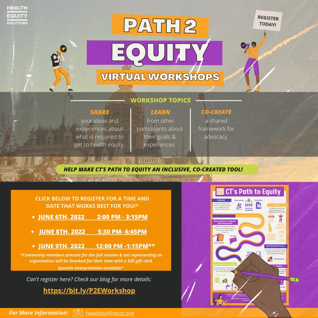 HealthEquityCT's tweet photo. We need your help! Earlier this year, we published Connecticut’s Path to Equity – a draft framework of state-level policy changes to promote health equity in CT. Help us RE-BUILD CT’s #Path2Equity! Come & join one of our 3 workshops the 2nd week of June! https://t.co/PYEpPPJCLc https://t.co/hPkPohFmpm