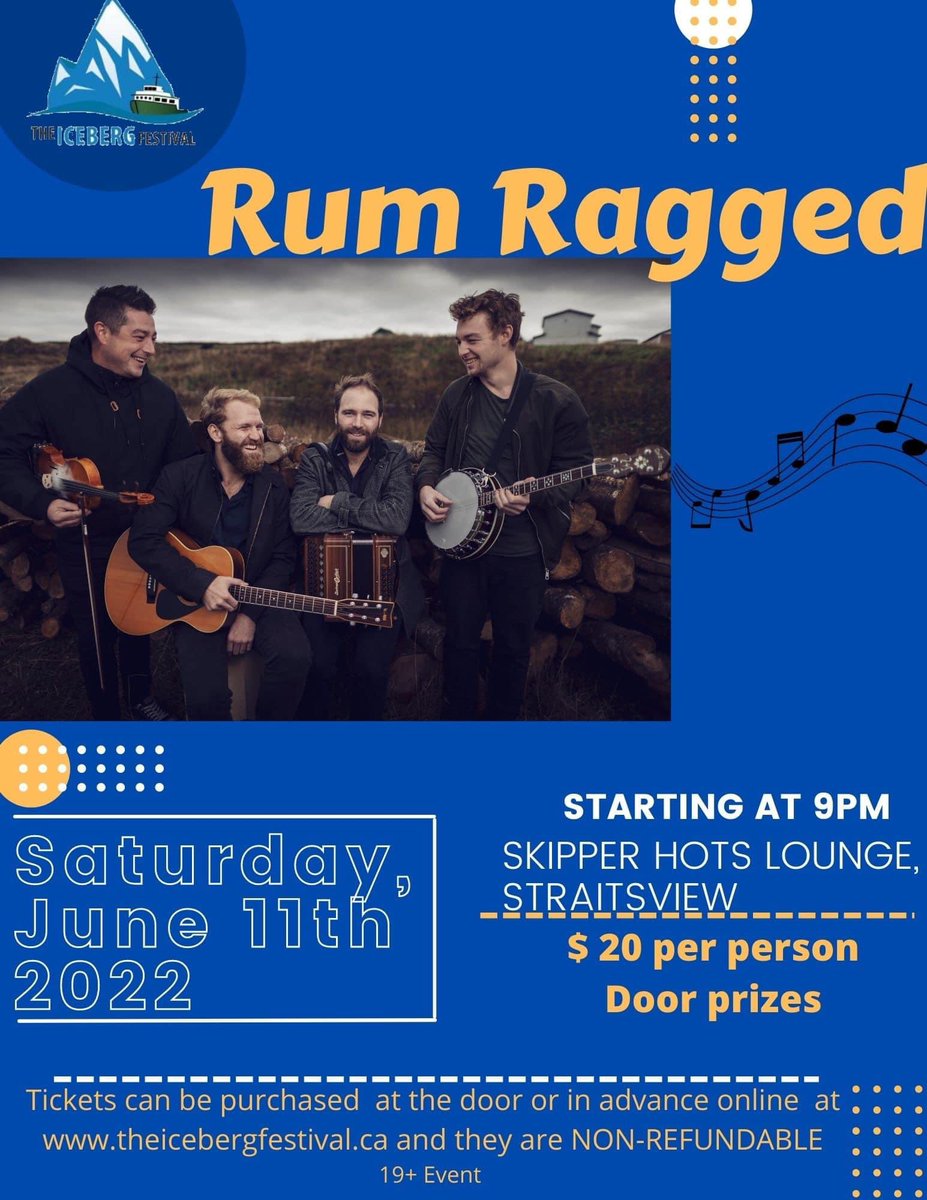 VikingTrail's tweet photo. Hey Folks, @RumRagged is making their first trip to the tip of the #VikingTrail to play 2 dates at @TheIcebergFest this year! What a time to be had!! #festivalfun #icebergfest #musicnl https://t.co/agqQ9mhIn6