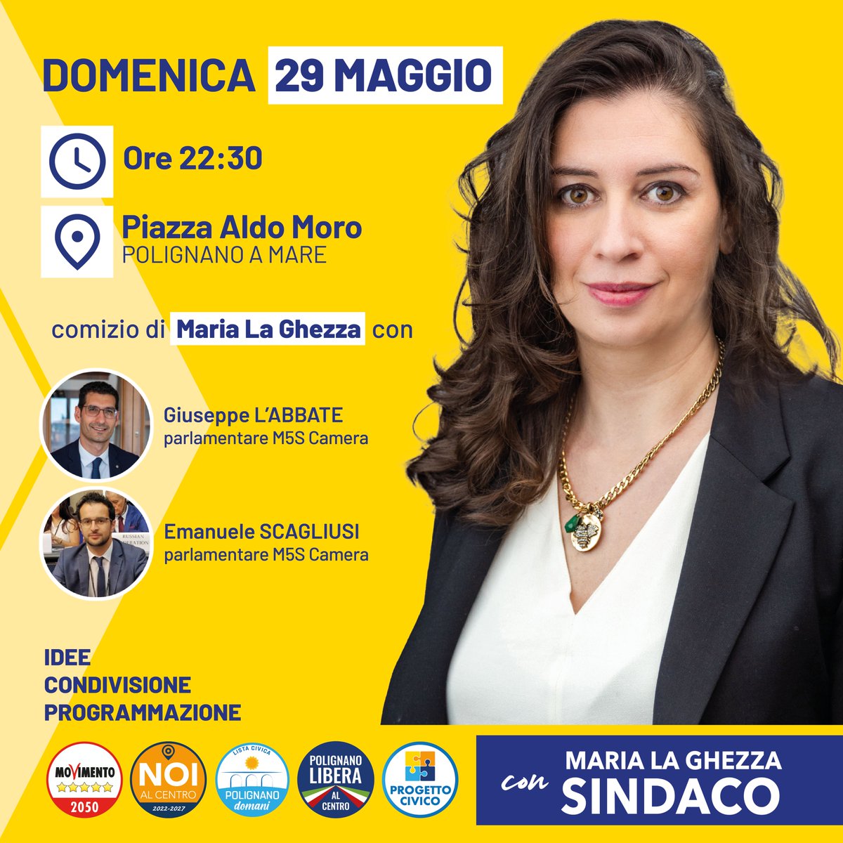 Maria_La_Ghezza's tweet photo. Ti aspetto domani, domenica 29maggio, alle ore 22:30 in piazza Moro per il primo comizio della nostra coalizione. Con noi ci saranno i portavoce @baffone5stelle e @E_Scagliusi Abbiamo un progetto civico con ‘TE’ al centro. Idee. Condivisione. Programmazione. Continua a seguirmi💪🏻 https://t.co/o0M07OEiio