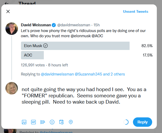 DLYeager55's tweet photo. Left in a panic over EVERYTHING,  @elonmusk #Bidenlaptopfromhell #SussmannTrial #lockHillaryUp   #2000mules   Someone PLEASE get them #redpilled  THEY claim OWN poll is phony when it doesnt turn out the way they want it.  Rocket Scientist vs Bartender.  What did you expect? https://t.co/BmPHr8OqR9