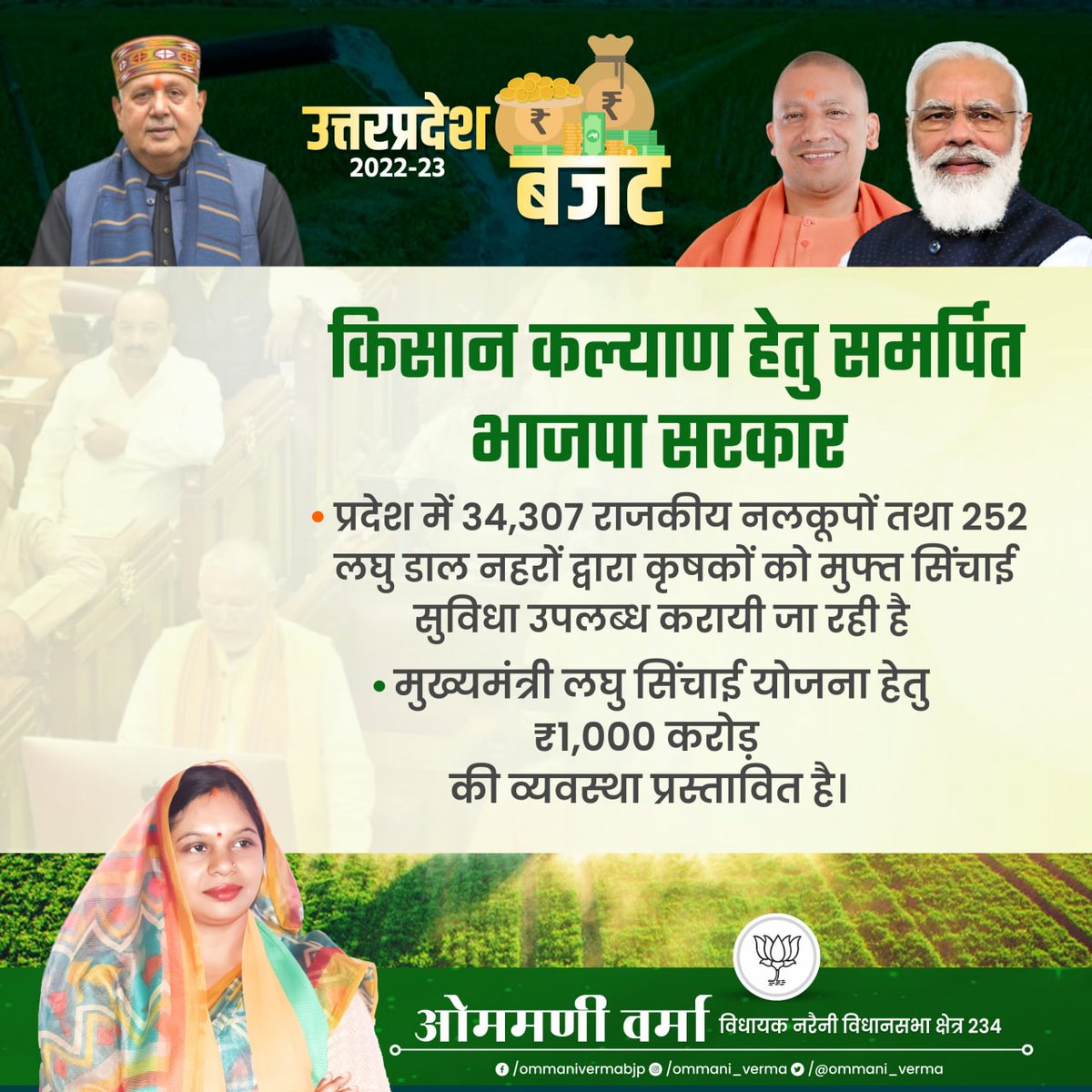प्रदेश में 34,307 राजकीय नलकूपों तथा 252 लघु डाल नहरों द्वारा कृषकों को मुफ्त सिंचाई सुविधा उपलब्ध करायी जा रही है

मुख्यमंत्री लघु सिंचाई योजना हेतु ₹1,000 करोड़ की व्यवस्था प्रस्तावित है।
#UPBudget2022 
<a href="/BJP4India/">BJP</a> <a href="/BJP4UP/">BJP Uttar Pradesh</a>
