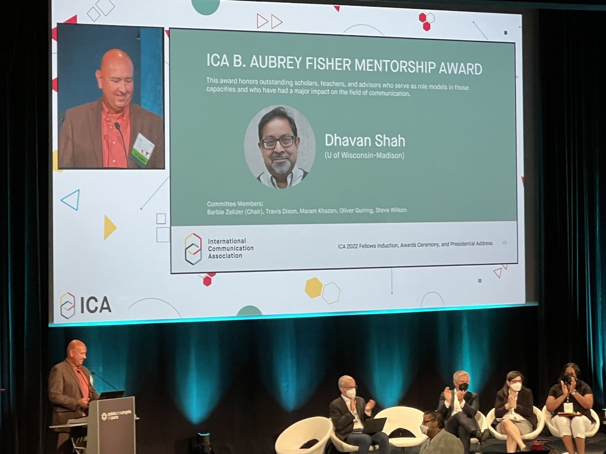 prowag's tweet photo. Huge congrats to my friend, the incomparable @dvshah for winning the B. Aubrey Fisher Mentorship Award at #ica22 A true, dedicated, rigorous, generous, fun, driven, and caring mentor and colleague. https://t.co/s1K1ZmphOH