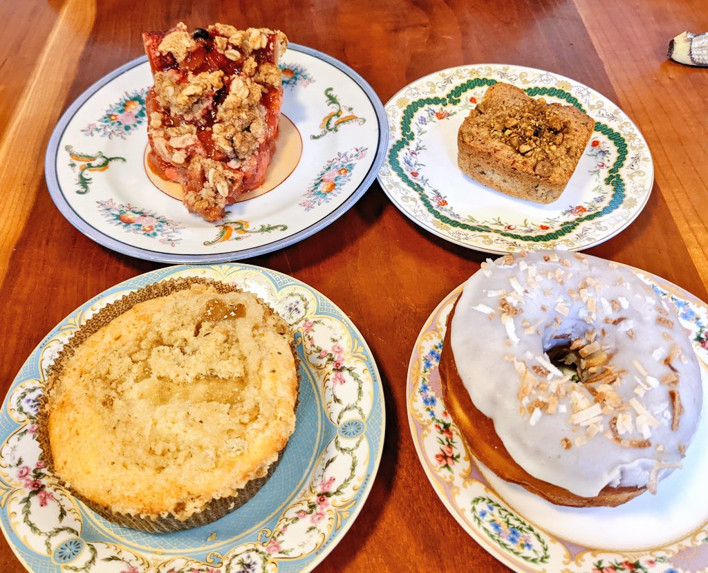 A nice way to kick off the weekend. Strawberry rhubarb pie, pistachio financier, lavender coffee cake, and a piña colada donut from <a href="/EatAtElle/">elle DC</a> on plates that make breakfast feel like a special occasion.