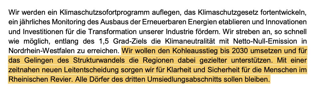 Der Kohleausstieg soll in #NRW 2030 umgesetzt werden & mittels Leitentscheidung Dörfer (mit genehmigter Planungen) gerettet werden. Wenn das in NRW geht, dann muss das erst recht auch in #Sachsen gehen, wo es für #Mühlrose nicht mal einen Braunkohlenplan gibt. #Sondierungspapier