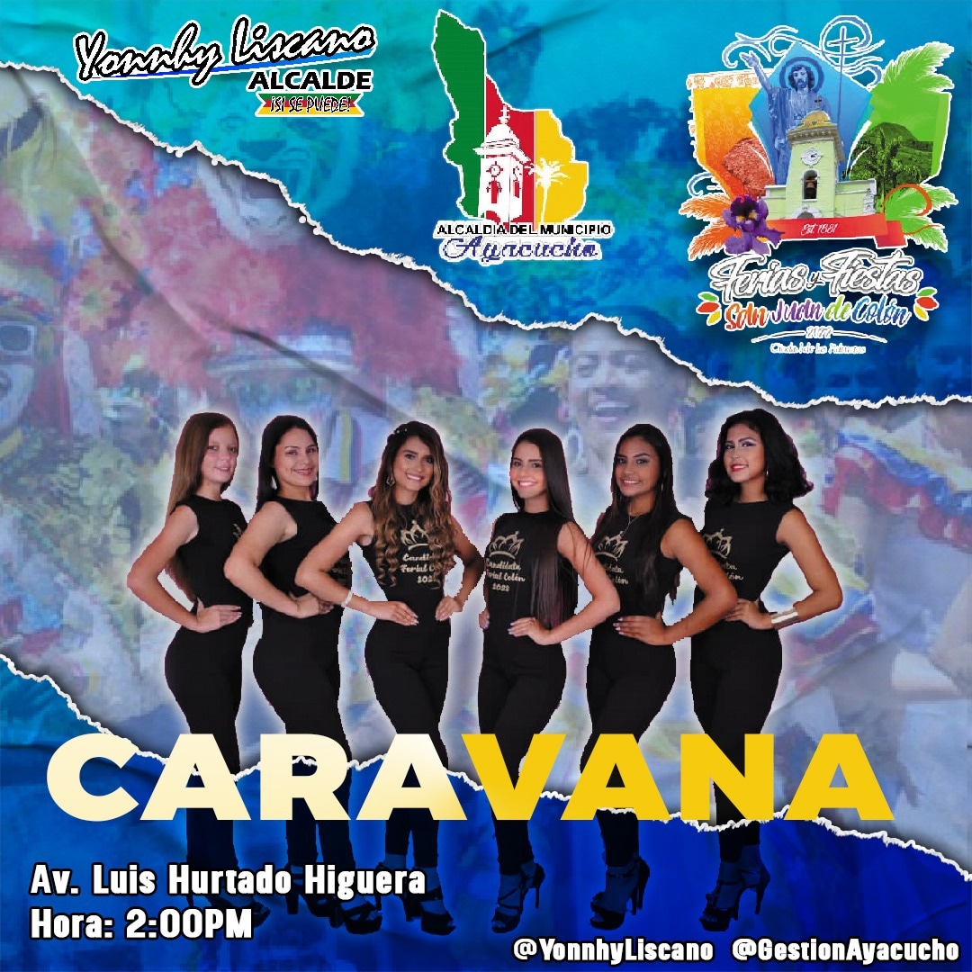#28Mayo Invitamos a nuestro pueblo de #Ayacucho a la Caravana de Candidatas y MiniCandidatas de las Ferias y Fiestas #SanJuanDeColon2022🥳👯 

📍Lugar de Concentración: Av. Luis Hurtado Higuera.

🕑 Hora: 2:00 Pm.

¡Te esperamos!🙌🏻

#SiSePuede🟢🔴🟡 
#Yo💙Colon