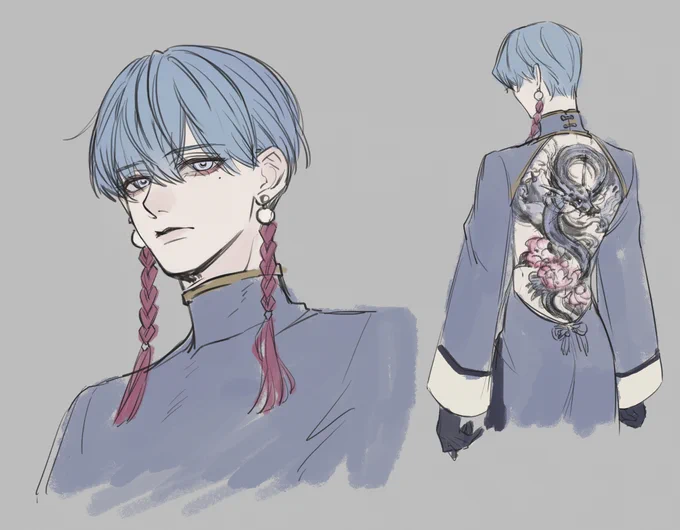青髪チャイナ未亡人男が描きたくて息抜きに落書き、入れ墨見せるために背中が空いてる。先立った旦那の遺髪をピアスにしている感じ。旦那から継いでマフィアの頭してる～ 