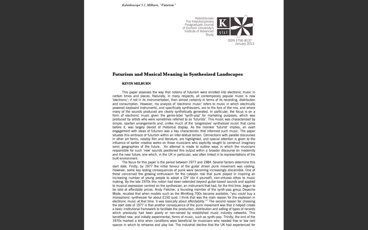 Very sad news about the passing of #AndrewFletcher from #DepecheMode. #Fletch featured on the first page of the first piece of academic writing I ever had published, for <a href="/DurhamIAS/">Durham IAS</a>’s Kaleidoscope journal. It was partly about modernity, electro-pop and #Basildon. #RIPAndyFletcher