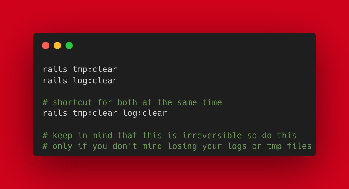 websebdev's tweet image. 💎Rails tip💎
Did you know you could speed up your dev environment a bit by clearing up logs and temporary files? Especially when it's been a long time since it hasn't been cleared.
#ruby #rails #rubyonrails