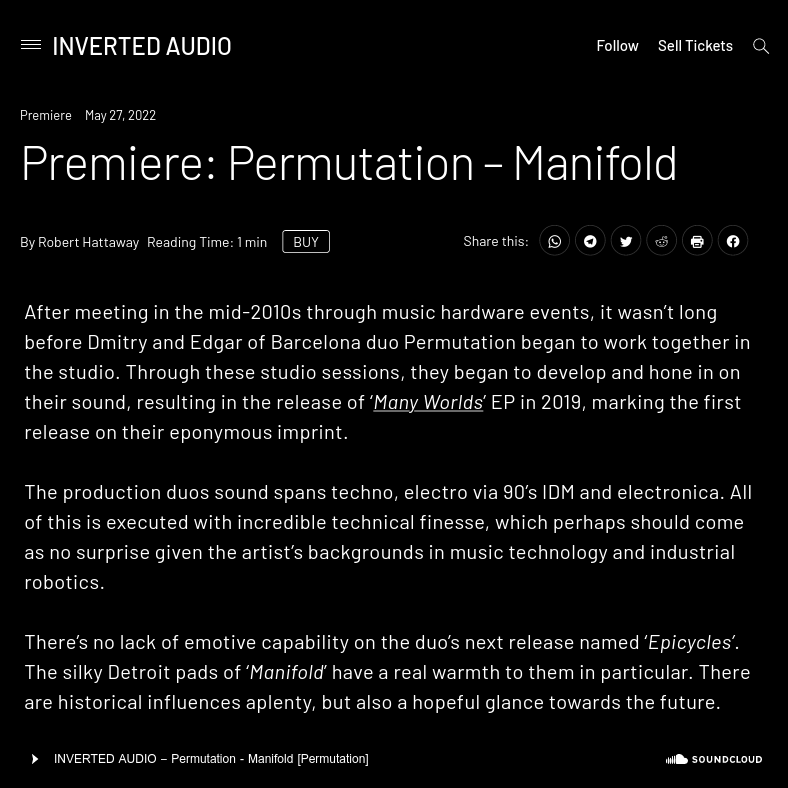 Permutation_BCN's tweet photo. Inverted Audio @InvertedAudio premiered our track "Manifold" with a few nice words in their description.

"Historical influences aplenty, but also a hopeful glance towards the future." 🔮✨

Listen to the entire EP in our premiere playlist on Soundcloud: https://t.co/jKMQAjZZg8 https://t.co/mTkMeAieuK