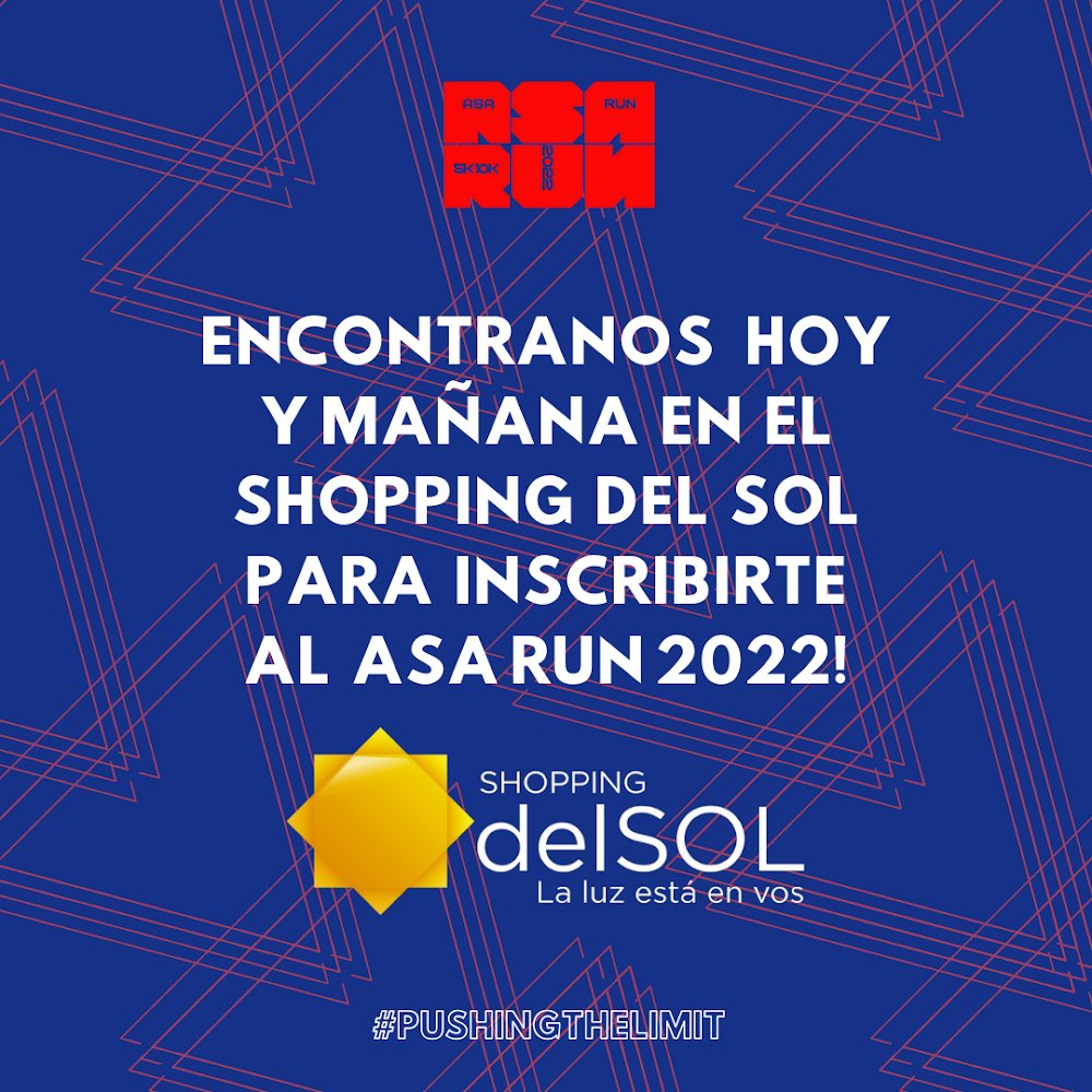 Te esperamos hoy y mañana de 10:00 a 20:00 hs en el Shopping del Sol para que puedas inscribirte al evento del año !!! 
TE ESPERAMOS!!!!🤩🤩🏃‍♀️🏃‍♂️
#ASARUN2022 #PUSHINGTHELIMIT