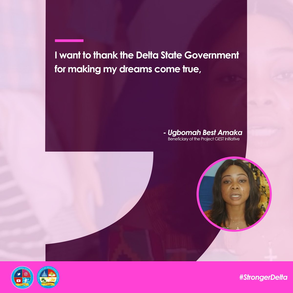 DSGovernment's tweet photo. "This empowerment has made my dreams come true,"
Our #BeneficiaryOfTheWeek Ugbomah Amaka, speaks on the impact of the #ProjectGEST Initiative.
#StrongerDelta https://t.co/utzreqfind