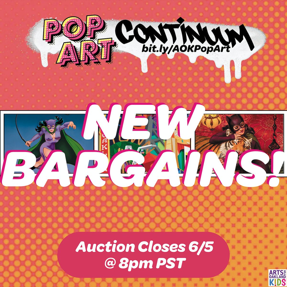 Were you hoping for bargains? You’re in luck! We've lowered the prices on several of these rare, collectible pieces! Bid or Buy TODAY bit.ly/AOKPopArt. Auction closes June 5 @ 8 pm! 100% of proceeds will fund arts education for Oakland kids. <a href="/thetracypiper/">The Tracy Piper</a>
<a href="/winonanelson/">Winona Nelson 🌈</a>