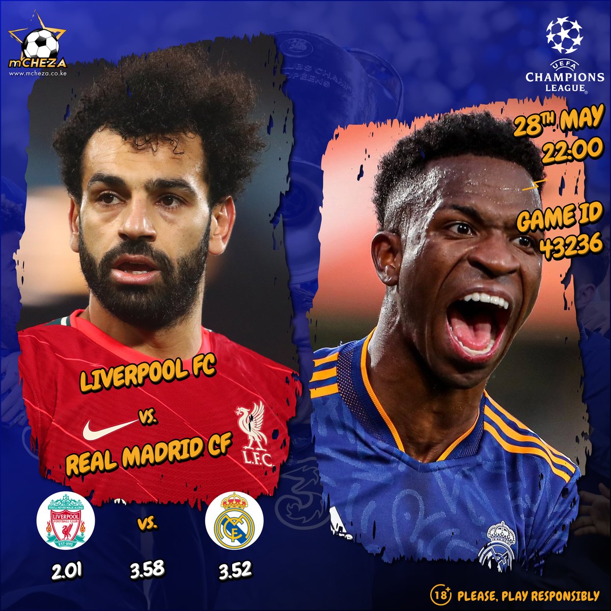 Mcheza_Care's tweet photo. It's a classic, the sequel in the unending #UCLFinal Drama as Liverpool play Madrid @ Stade de France @ 10 pm. Salah will  have another go at the Los Blancos after their shock defeat in 2018. Can the Reds pop back?

#mCHEZAKE
#UCLfinal
#UCL
#LIVRMA
#ChezaNamCHEZA
#ShindaNamCHEZA https://t.co/T2cAbAfOvC