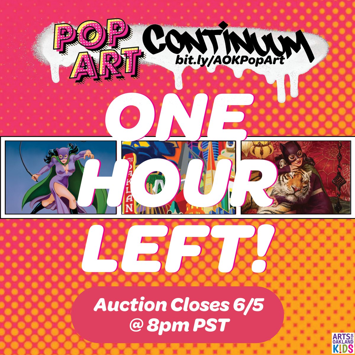 60-minutes &amp; counting! The Pop Art Continuum auction closes &amp; 8 pm. #Oakland’s kids need your help; you get beautiful, rare art, AND that great feeling of having done good in the world. Get your bids in before 8pm PST.  bit.ly/AOKPopArt <a href="/thetracypiper/">The Tracy Piper</a> <a href="/winonanelson/">Winona Nelson 🌈</a>