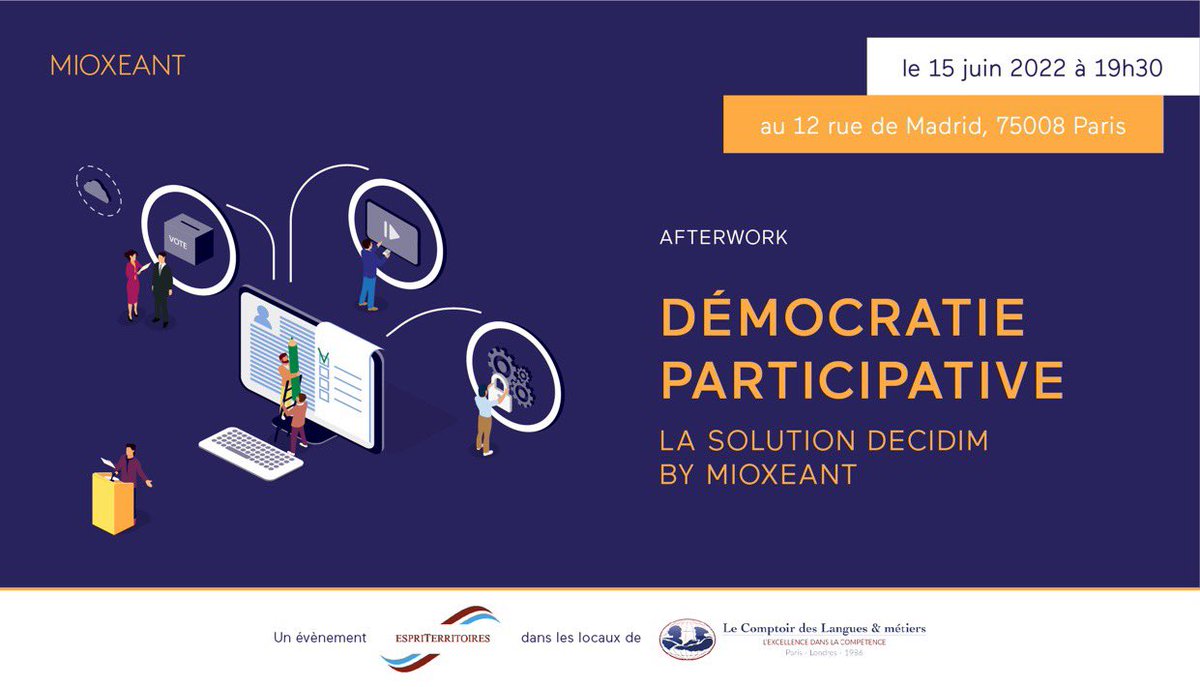 🤔 Vous souhaitez découvrir le réseau EspriTerritoires et ses membres ? 
👉 Venez à notre rencontre à l’occasion de notre prochain afterwork ! 
🎟 Pour prendre vos tickets : my.weezevent.com/afterwork-espr…
👥 Thème : la Démocratie Participative
🗓 Le 15 juin 2022
🕢 À 19h30
📍 Paris