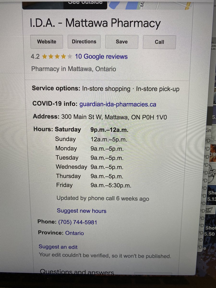 sebee14's tweet photo. @Google how do I get the hours properly updated for my pharmacy? The hours you have posted are INCORRECT. If you click on the website button the correct hours are posted there. What kind of pharmacy is even open 9pm-midnight on a Saturday? 🤣 https://t.co/ZGhKaF8Rh6