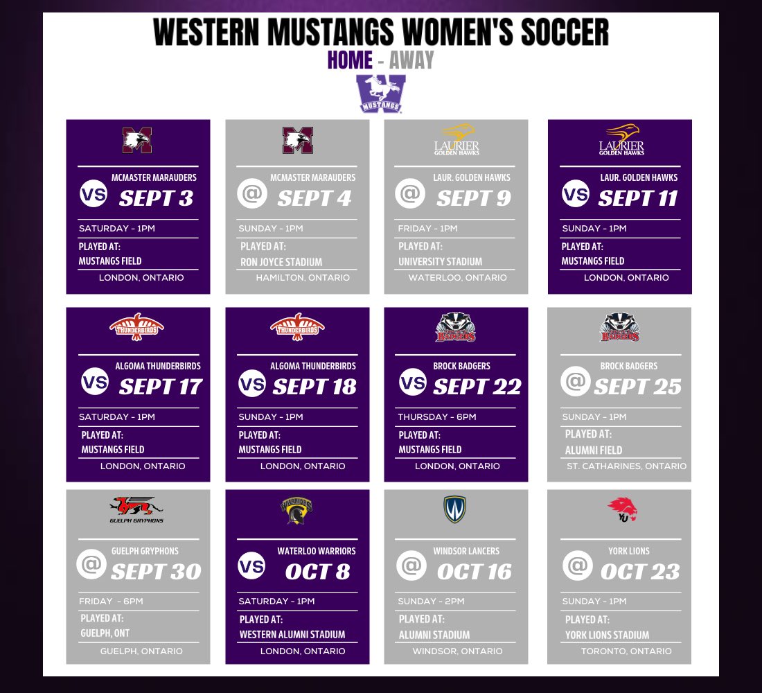 2022 OUA Women’s Soccer Schedule out now! 

View our schedule here: oua.ca/calendar.aspx?…

We’ll see you this fall Mustang supporters. 

#westernsoccer #westernu #mustangs #westernmustangs #uwo