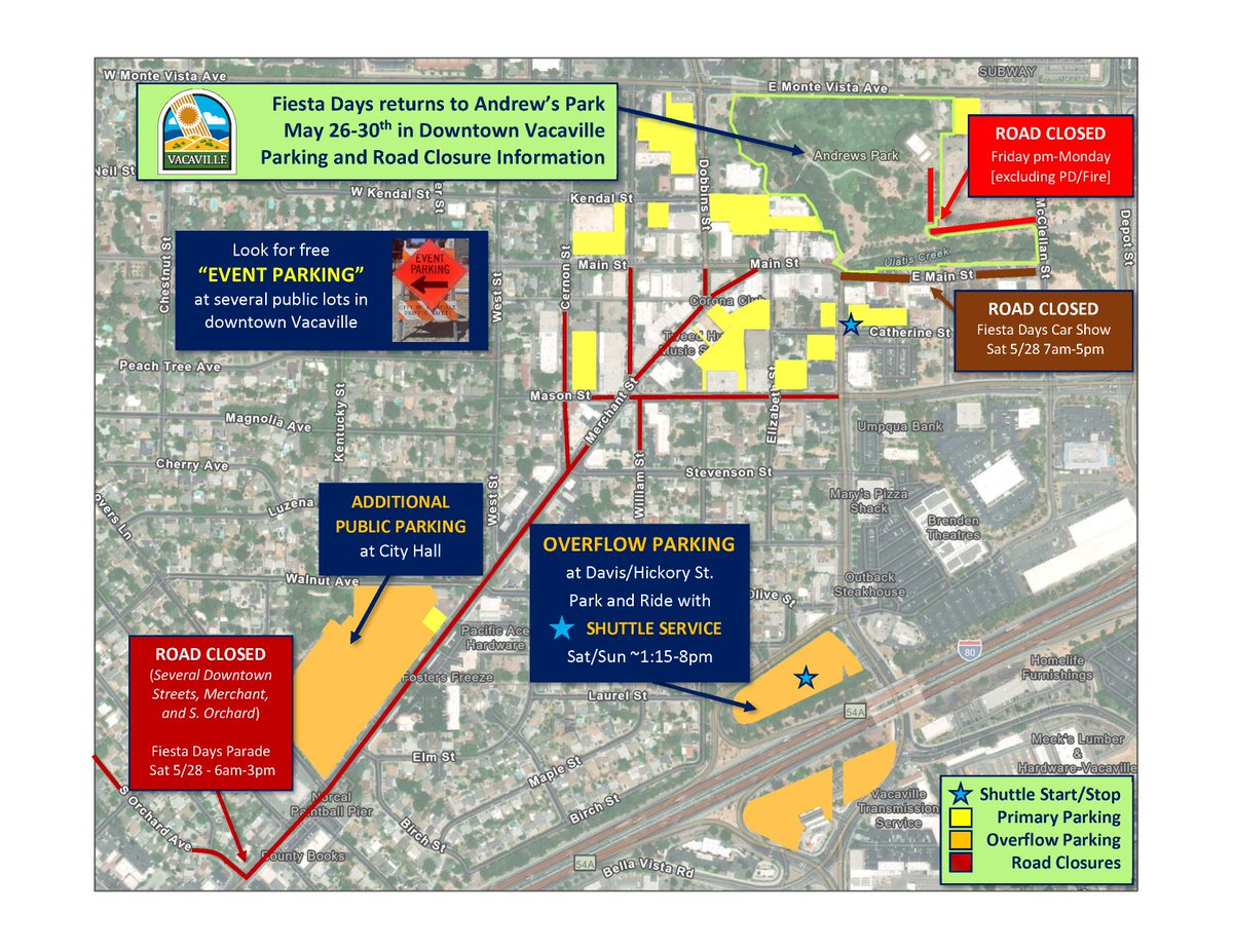 cityofvacaville's tweet photo. Today is the Fiesta Days Parade! Please see the map for all road closures and available parking. Shuttle service is available from the Davis/Hickory St. Park and Ride. And don't miss the City of Vacaville booth during carnival hours.

Be safe and have fun! #FiestaDays #COV https://t.co/R7b2MH3xIs