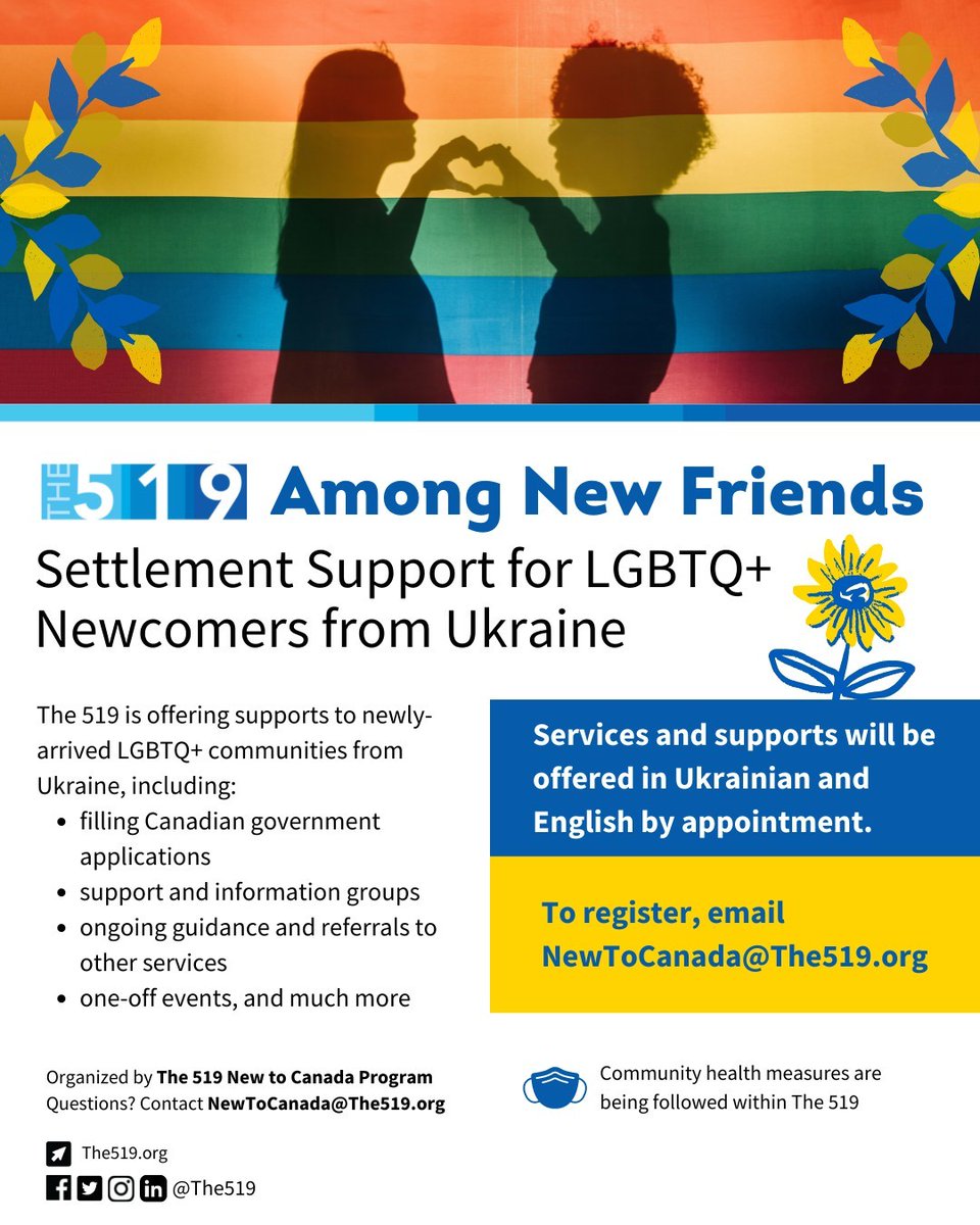 The519's tweet photo. Among New Friends: Settlement Support for LGBTQ+ Newcomers from Ukraine
Services and supports will be offered in Ukrainian and English by appointment. To register, email NewToCanada@The519.org
#SupportNewcomers #SupportRefugees #Ukraine #LGBTQ #LGBT #LGBTQIA https://t.co/gLzDcdvWQN