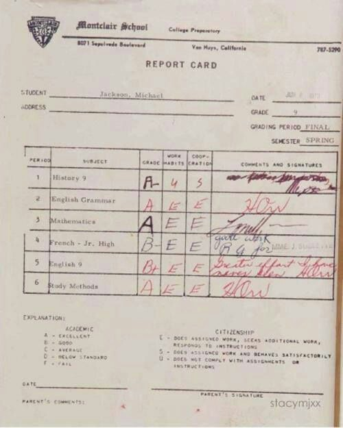 Michael Jackson's report card from middle school.