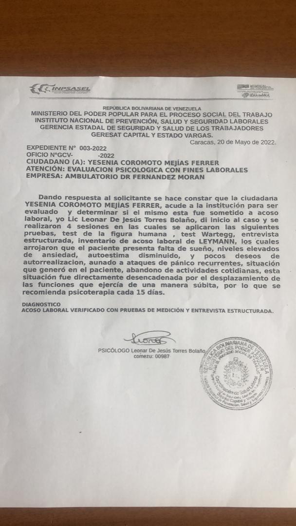pzl17's tweet photo. #FETRASALUD La Trabajadora del Ambulatorio Dr Humberto Fernández Morán (Las Nieves) Yesenia Mejias #INPSASEL le Diagnóstico q Sufrió Acosó Laboral y le Ordenan Terapia Psicológica por 15 Días, Se presento a su Centro Trabajo y Sus Acosadores le Entregan Oficio Sacándola del Ente. https://t.co/LNBWDENlHa