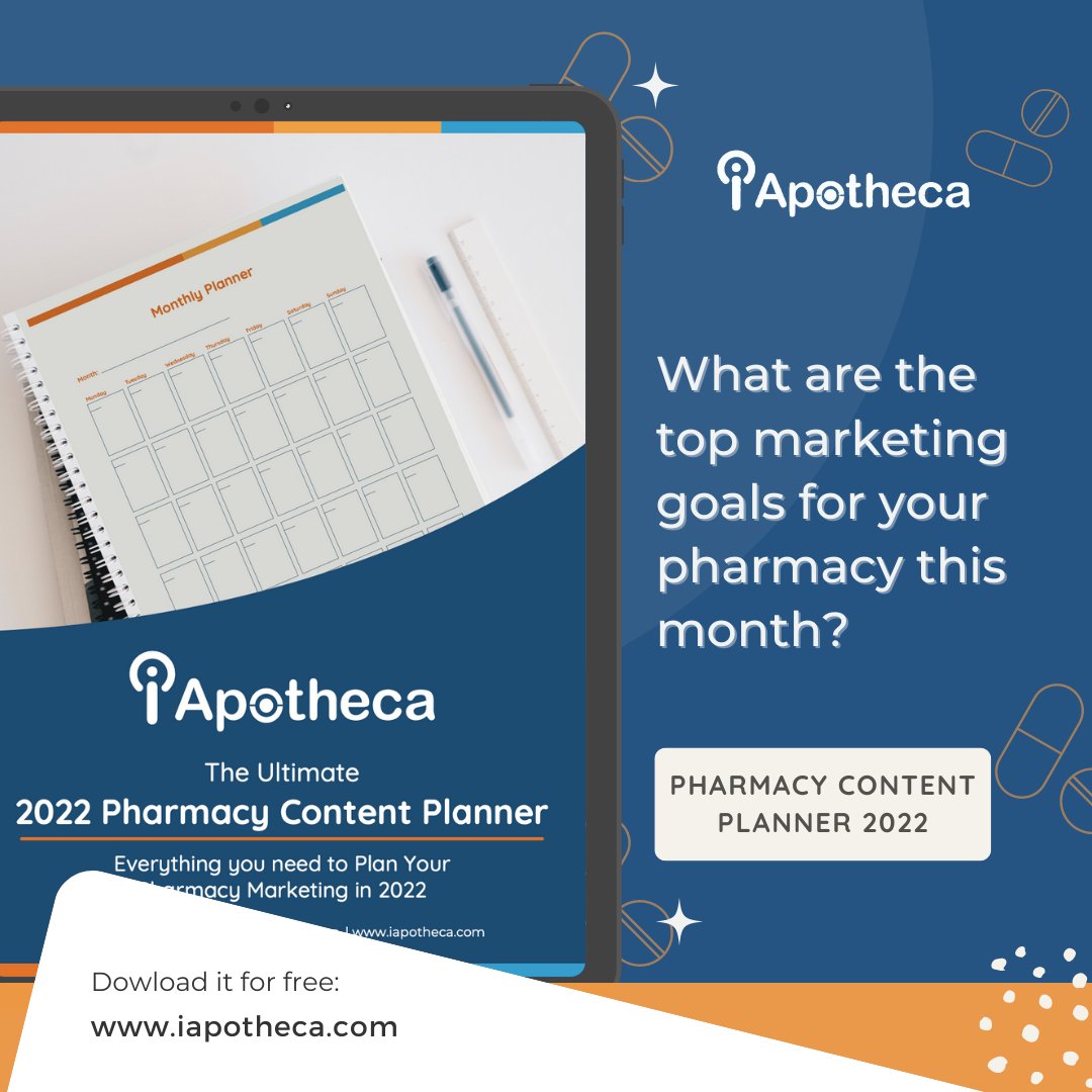 iApotheca's tweet photo. New month, new goals! What are the top marketing goals for your #pharmacy this month?

With iApotheca's  2022 Pharmacy Content Planner, setting your goals and staying on track with your plans has become easier. 

Download it for free:https://t.co/Njsrf3ky8h https://t.co/r1dPdxUvZ5