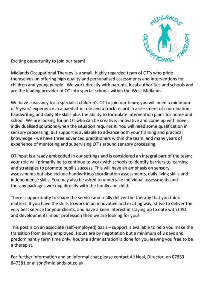 MidlandsOccupa1's tweet photo. Any OTs looking for a new challenge? We are looking for new associates. Please rt. #OccupationalTherapy #SPD #schoolbasedot #independentOT https://t.co/LqFuLO8ldj