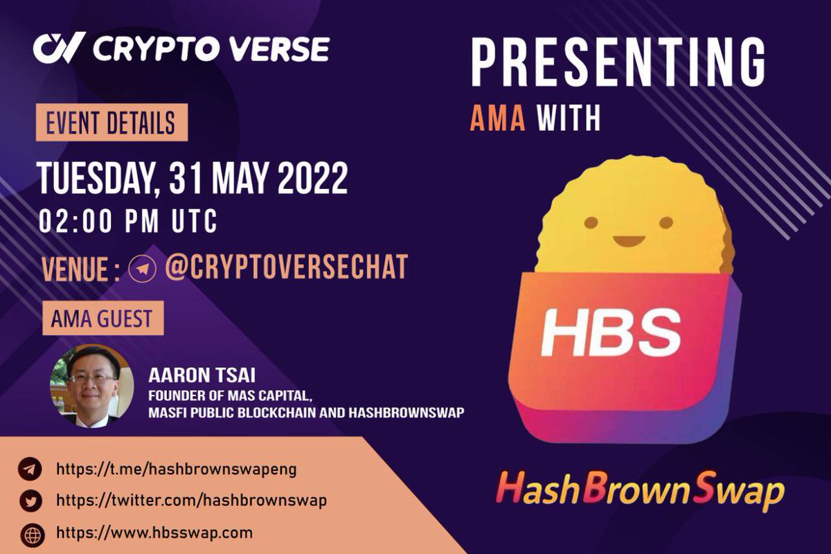 CryptoVerse_Co's tweet photo. Crypto Verse Will host an #AMA Session with @hashbrownswap 
 on 31 May At 02:00 PM UTC

🏡 Venue https://t.co/Ti6JdhDeeL

💰 Reward:- 100$

📌Rules
💠 Follow @hashbrownswap &amp; @CryptoVerse_co
💠 Like and Retweet
💠 Comment Question &amp; Tag 3 https://t.co/ihfXOmsayA