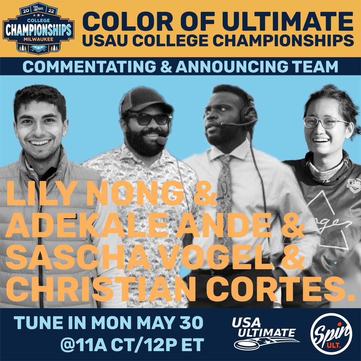 Psyched to have <a href="/A_Squared97/">Adekale Ande</a>, <a href="/ultimatesascha/">Sascha Vogel: A Star Wars Story </a>, <a href="/lilynong7/">Lily Nong</a> and Christian Cortes calling the <a href="/ColorofUltimate/">Color of Ultimate</a> College All-Star Game on Monday. Tune into our YouTube channel at 12:00 p.m. ET to watch live: youtube.com/watch?v=mBygwu…