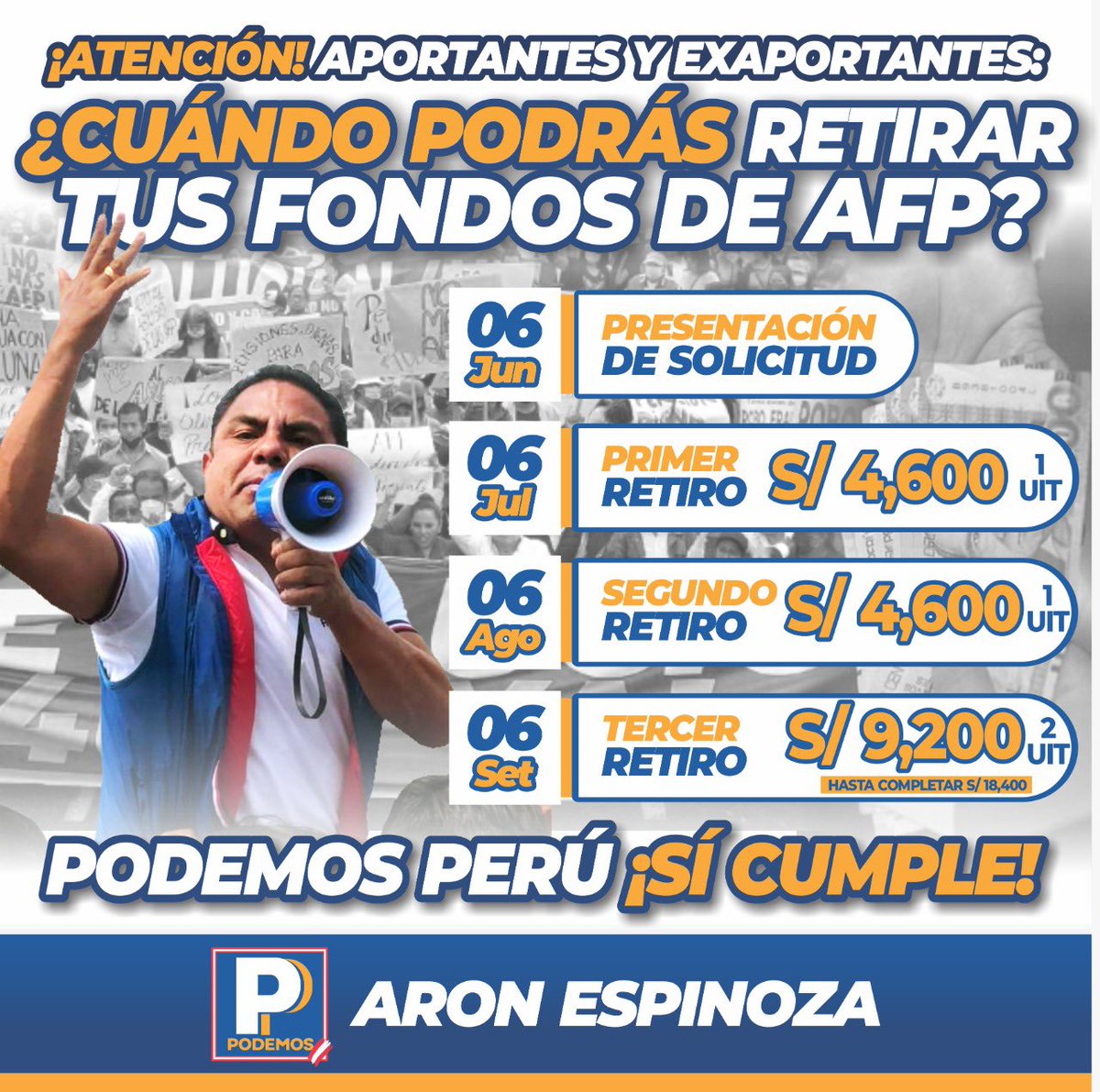TuAmigoAron's tweet photo. 🛑📣🇵🇪#Urgente: RETIRO DE 4UIT #AFP ¡PARA TODOS!
Hermanos, esta sería la fecha de inicio del retiro de hasta 4UIT ¡Para todos! Nosotros seguimos en pie de lucha, exigiendo a la #SBS a que publique la reglamentación de la #LeyAFP cuanto antes.
#DinaCalle #SíTeRepresenta https://t.co/a72qAmA8RM