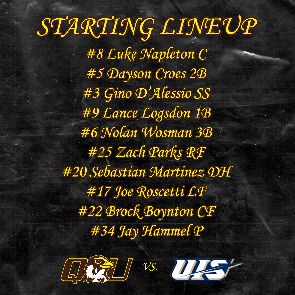 QUHawks's tweet photo. One win away from Cary, North Carolina, here's how @QUHawksBaseball will line up in game 2 of the Midwest Super-Regional!

11AM first pitch!

VIDEO: https://t.co/kDaIH2vHB2
STATS: https://t.co/vNw17uoDhU https://t.co/2gpECKWU3y