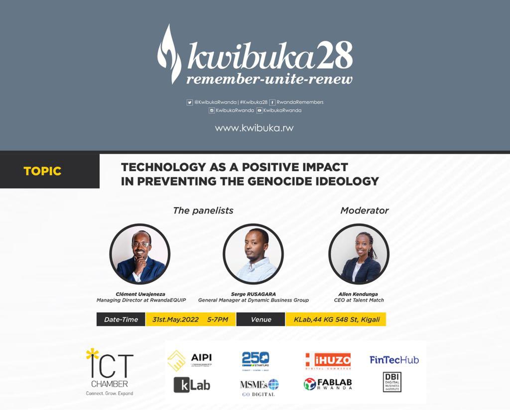 rwictchamber's tweet photo. Rwanda ICT Chamber would like to invite you to the Commemoration Evening at kLab Rwanda, 44KG 548 St, Kigali on May 31, 2022 from 5:00 PM. For more information, you may call 0781375971. 

#Kwibuka28 https://t.co/JHu81EQ39K
