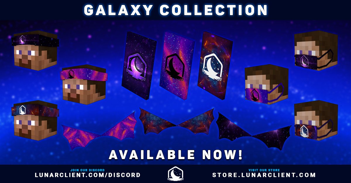 LunarClient's tweet image. We just released new animated Galaxy cloaks, wings, bandannas, and masks at store.lunarclient.com. 🌌

The entire store is 15% off! 🚀

We'll be giving away 5 items from this new collection. Retweet, Like, &amp;amp; Follow for a chance to win. 💫

The giveaway &amp;amp; sale ends in 3 days! ⏳