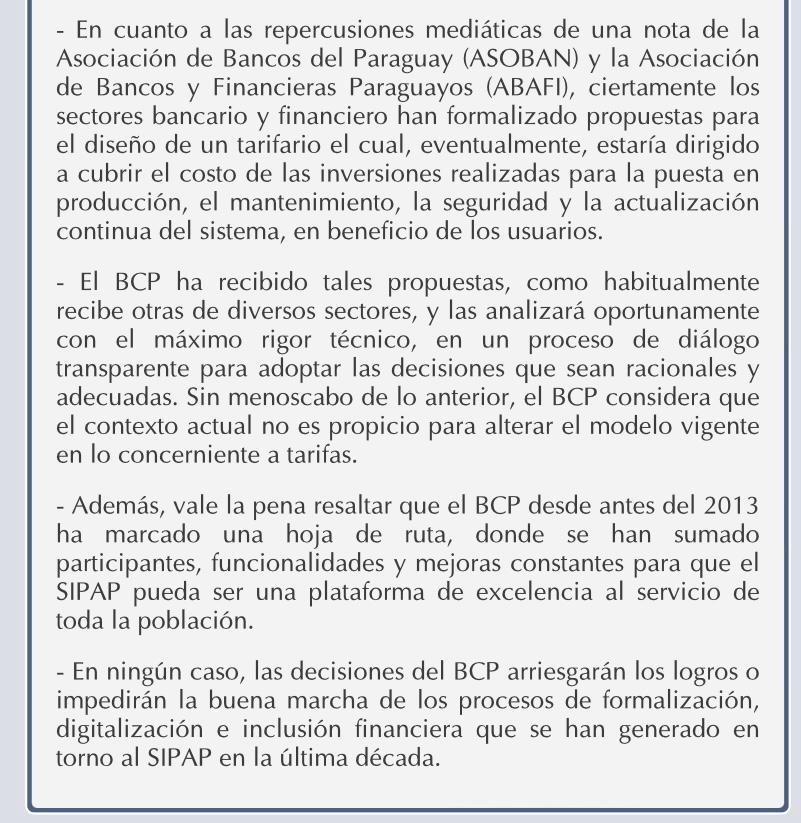 5DiasPy's tweet photo. HACE INSTANTES 🚨

👉 El  @BCP_PY  afirma que el servicio de SIPAP no tendrá alteración al modelo vigente sobre tarifas (seguirá gratuito). https://t.co/X6Pr5pu5uK