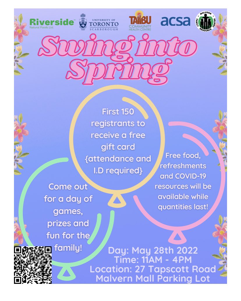Come and enjoy the Swing into Spring event organized by <a href="/TAIBU_CHC/">TAIBU Community Health Centre</a> Malvern Resource Centre and Agincourt Community Services happening now at the Malvern Mall