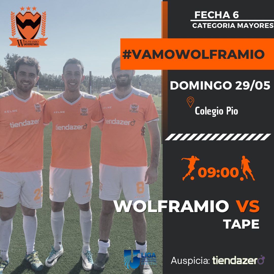 MAYORES

WOLFRAMIO 🆚 <a href="/TAPE_U/">TAPE</a> 

🗓 Domingo 29 de mayo
📍Colegio pio
🕗 09:00
<a href="/LUD_Oficial/">Liga Universitaria de Deportes</a> 

#VamosWolframioDeMiCorazon