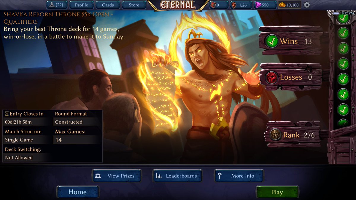 Leaderboards may be busted so I don't have the final game proof, but 8-5 first run in the <a href="/EternalCardGame/">Eternal Card Game</a> open into a 14-0 second run. Very excited to play day 2, especially given that throne feels pretty great to play right now if you're a midrange player at heart.