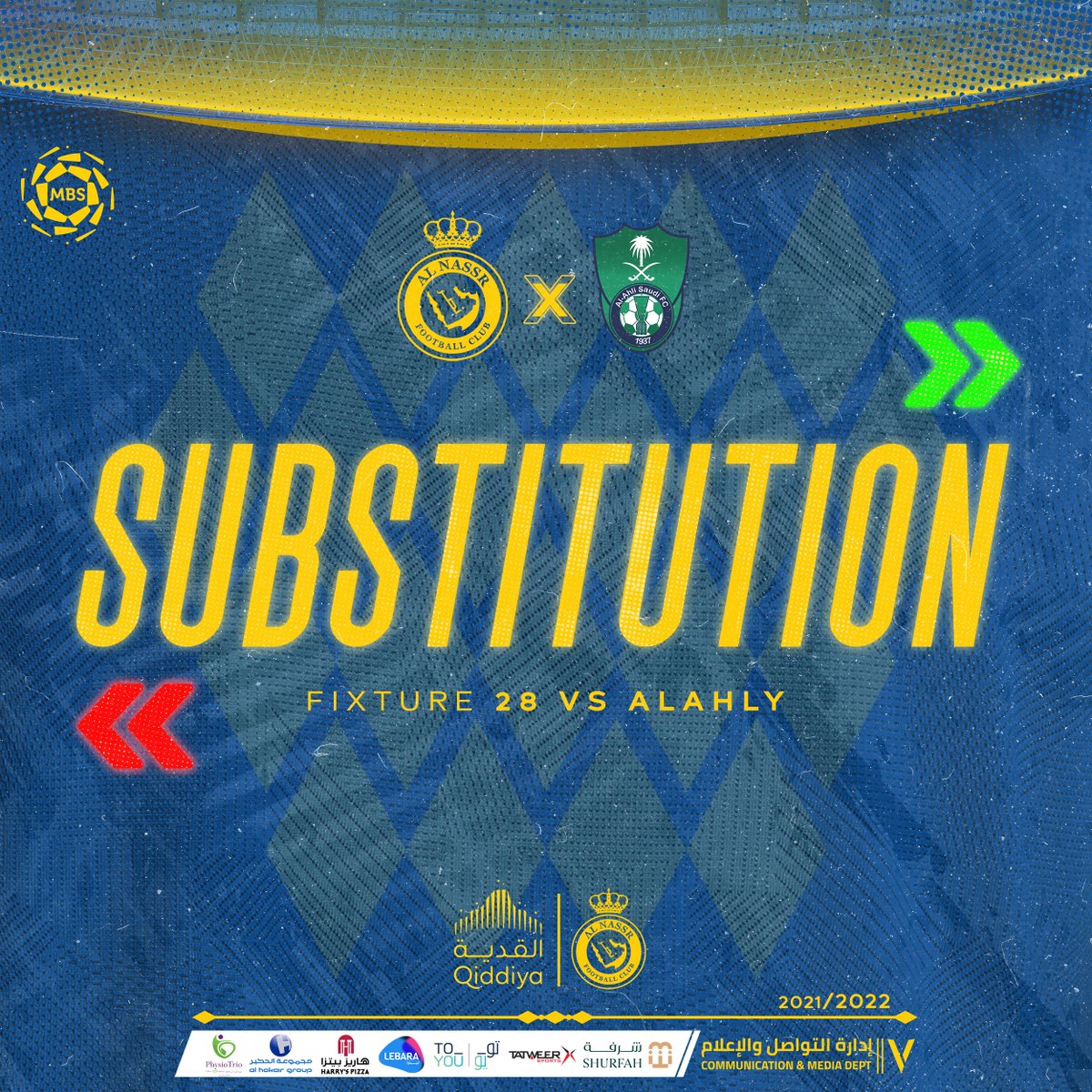 AlNassrFC's tweet photo. 🔃 | تبــديــل رابع!

➡ عبدالفتاح عسيري
⬅ ماشاريبوف
#النصر_الأهلي https://t.co/UgB3ppuvcC