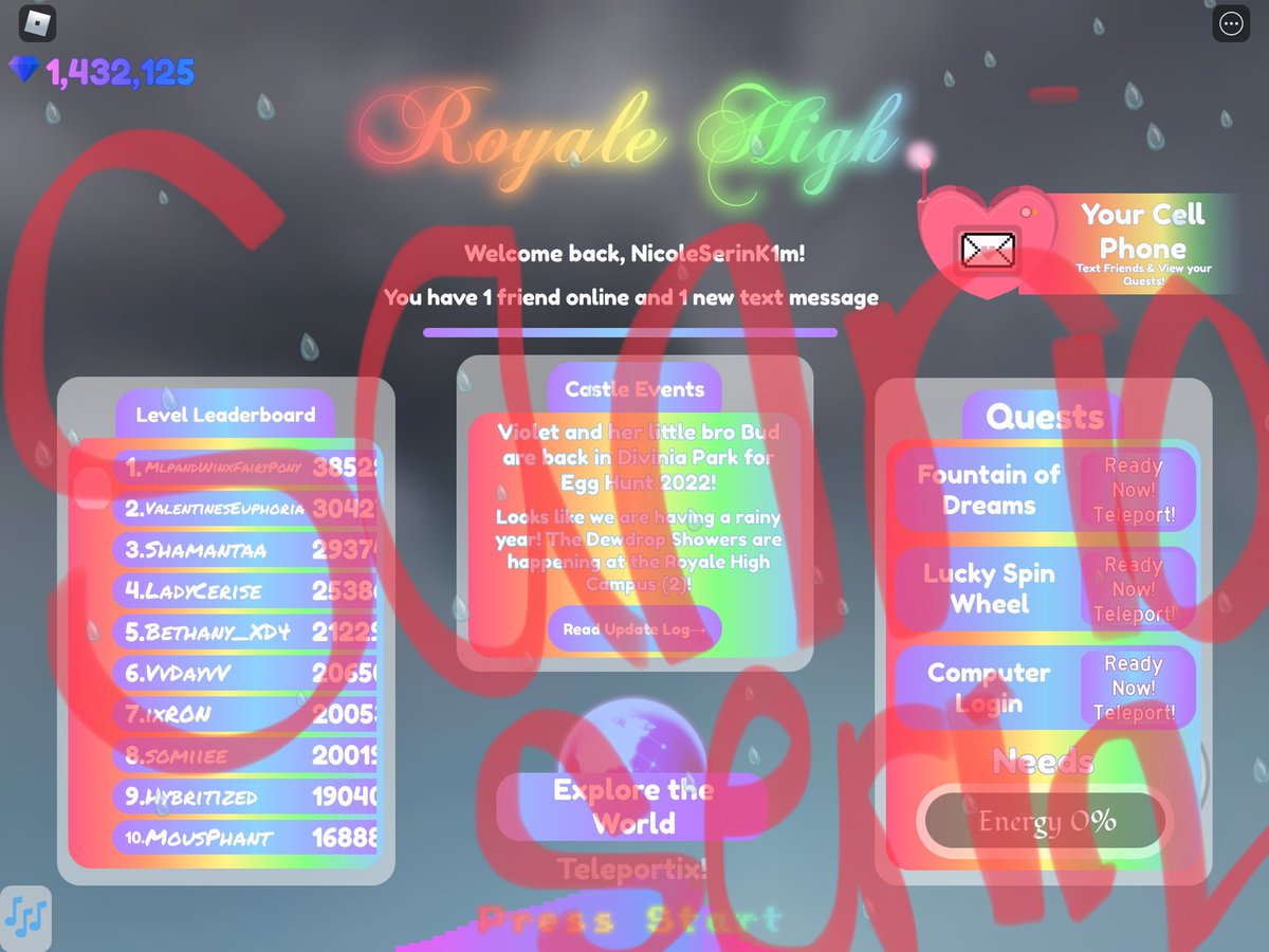 💭 dream #royalehigh item OR diamond 💎 amount!!

follow me+<a href="/iluvserin/">❤︎ serin ❤︎︎</a> with notif
retweet and like
extras in thread

the higher value of item or more amount of rhd =less chance of getting it

no halos,lbts or cmb sorru! (not rich bruh