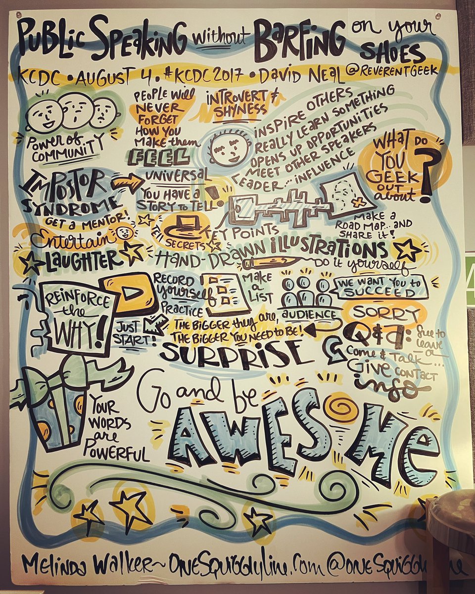 reverentgeek's tweet photo. This is a @OneSquigglyLine original from a talk I gave at @kc_dc 2017 I keep hung in my office for inspiration. Thank you, Melinda for all the amazing artwork youâve blessed the world with! #visualrecording #visualnotetaking #visualnotes #sketchnotes #graphicfacilitation https://t.co/2jdsDIGMAJ