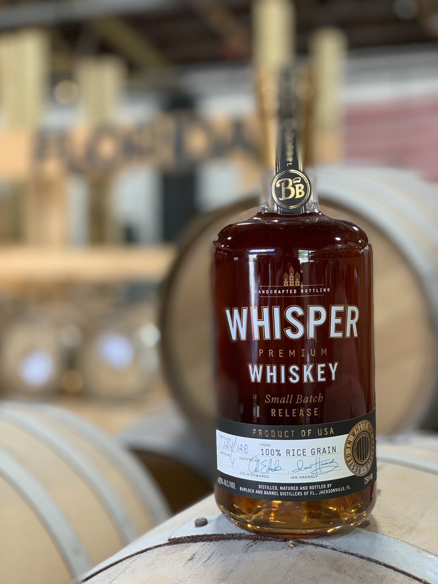 BurlockBarrel's tweet photo. It’s been too long but our Whisper 100% rice grain whiskey is back! 

Limited to just 128 bottles!!

Stop by the distillery to pick your bottle up before they are gone

Tasting room open 2pm-7pm all weekend long #win #rice #whiskey @jaxdotcom @EUJacksonville @folioweekly https://t.co/RB6bbEWo0l