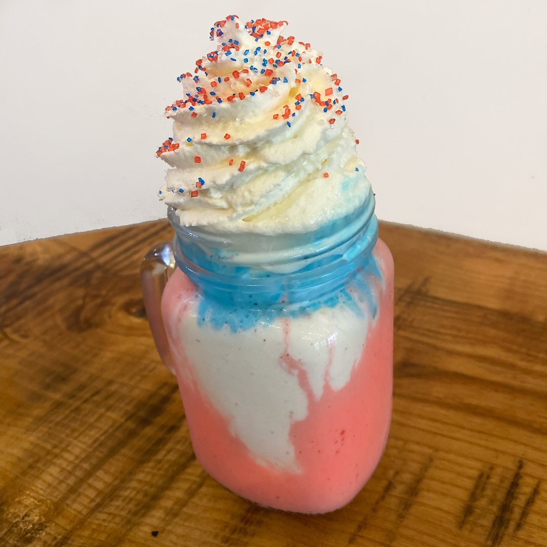 thefareporter's tweet photo. Holiday Weekend Special:
Red, White, &amp; Blueberry Shake
Strawberry ice cream, blueberry ice cream, vanilla ice cream, sugar crystals

Order now! https://t.co/YfYSM54kn4 https://t.co/DTK3namtUp